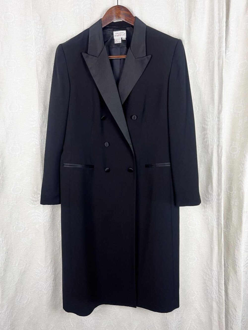 Adrianna Papell tuxedo evening coat double breasted satin lapels formal cocktail